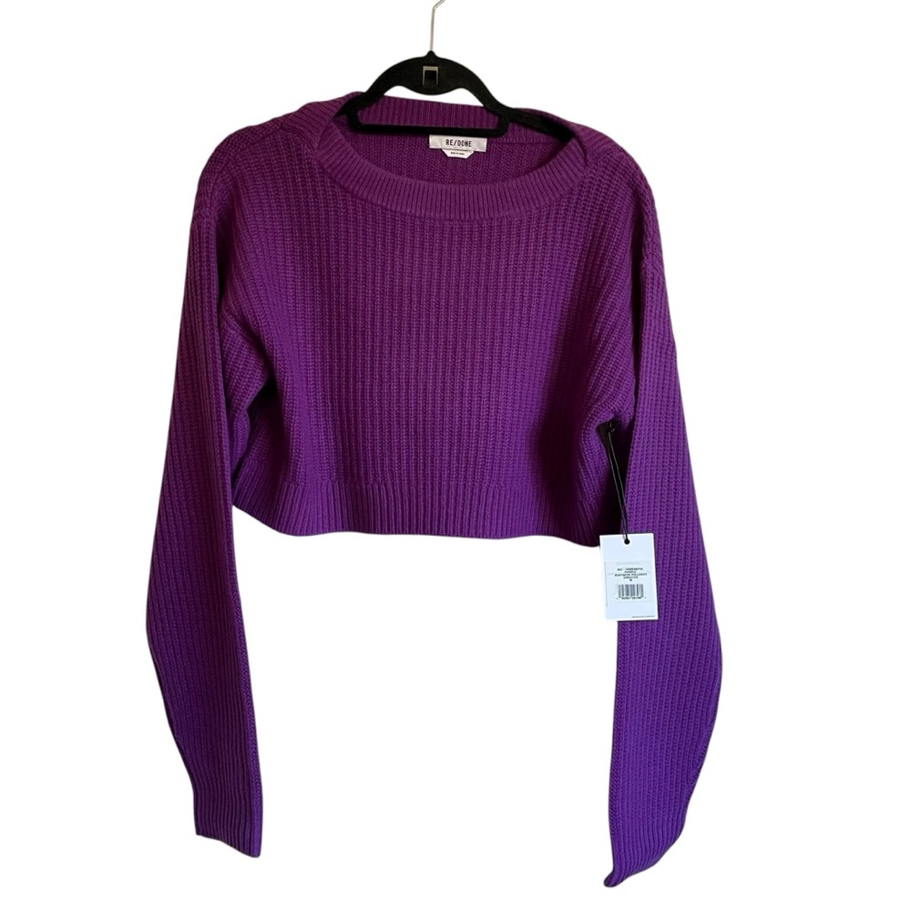 Re/Done 100% Wool Cropped Boatneck Sweater Vibrant Purple Knit Oversized NWT